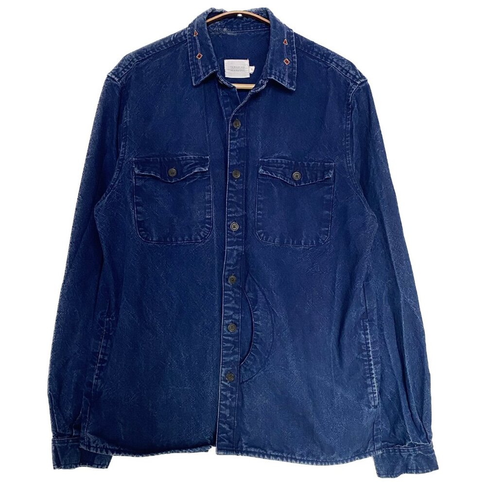 Denim Embroidered Shirt Men Large Blue Faded Pockets Boho Gorpcore Slim